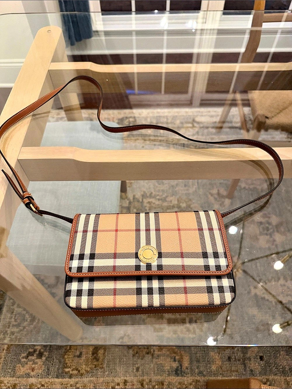 Burberry Check Leather Crossbody Bag Brown & Beige